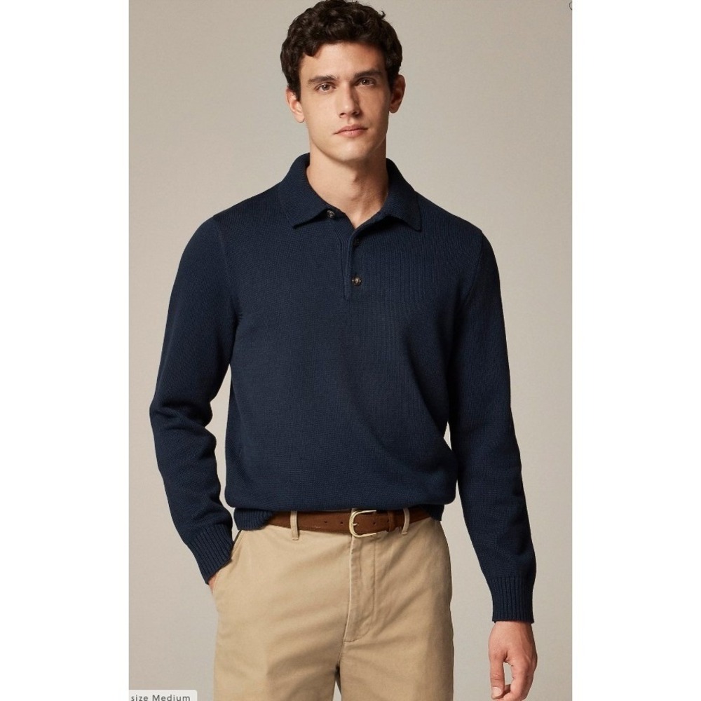 J.Crew Heritage Cotton Sweater-Polo Navy Blue Mens Medium Long Sleeve Preppy